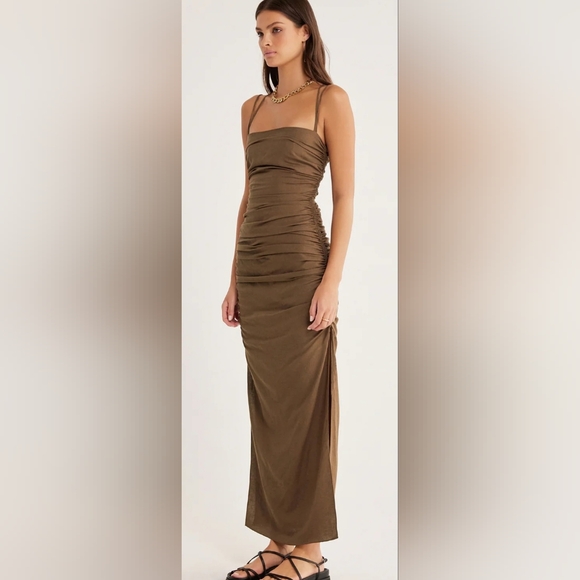NWT RUMER Dress Linen Blend Size Small The Mecca Midi in Mocha Cinched Sides - Picture 3 of 14